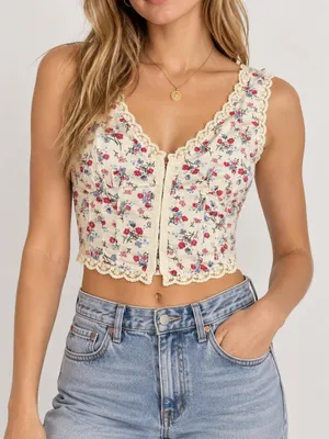 Bailey Rose Floral Corset Vest Top Lace Trim Coquette Crop Size XS thumbnail 1