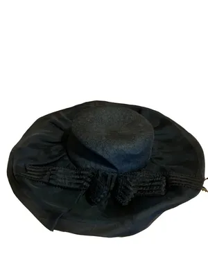 Vintage Adolfo Ii Black Wide Brim Linen Hat With Striped Bow thumbnail 8