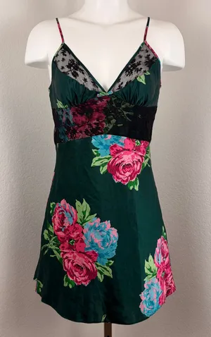 Betsey Johnson Intimates dark green floral mini slip dress thumbnail 1