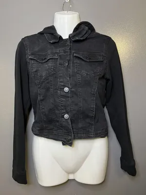 WallFlower Jacket Womens Small Black Denim Hooded Knit Sleeves Button Cropped thumbnail 2