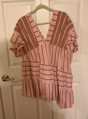 Free People Pink and Brown Striped V-Neck Dress thumbnail 1