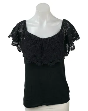 LAUREN Ralph Lauren Women's Black Lace Off The Shoulder Cotton Blouse Top Size L thumbnail 1