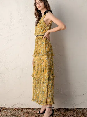 Lulus Such Sophistication Yellow Floral Print Pleated Summer Maxi Dress Size L thumbnail 3