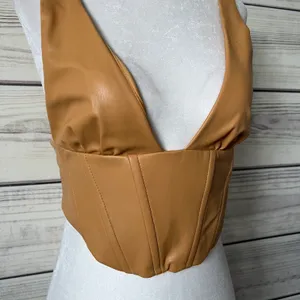 ZARA Tan Faux Leather V Neck Cropped Corset Top thumbnail 10