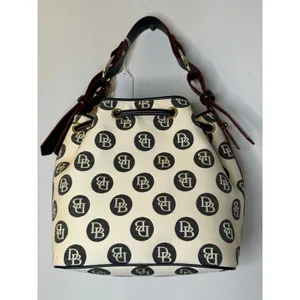 DOONEY & BOURKE Black White DB Monogram Black Leather Drawstring Bucket Bag thumbnail 10