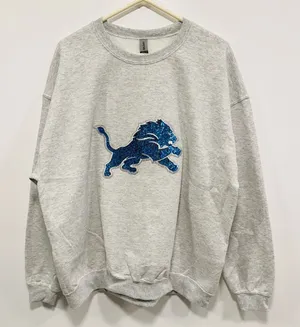 Detroit Lions sweater!! NFL Gray Sweatshirt with blue sequin glitter lions logo! thumbnail 1