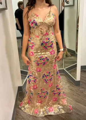 Dear Moon gold and floral prom dress thumbnail 4