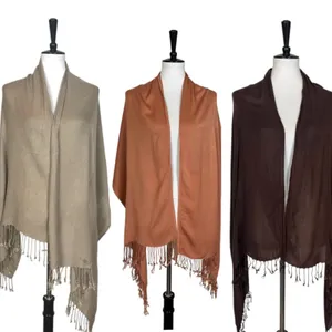 Women’s Bundle 3 Oblong Scarfs Solid Neutral Color Fringe Tan Orange Brown Tan thumbnail 14