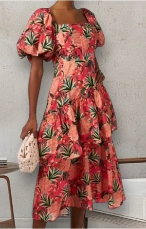 FARM Rio size large pineapple bloom midi dress pink green puff sleeve floral thumbnail 1