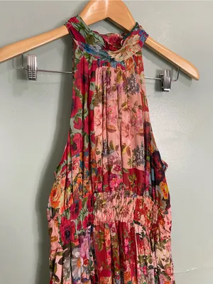 Anthropologie Floral Halter Tiered Maxi Dress in Pink and Red thumbnail 3