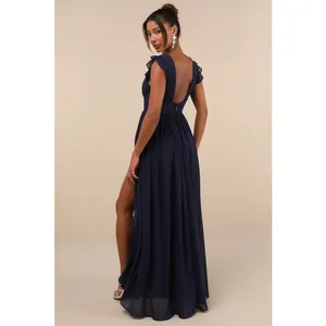 NWOT Lulus Gorgeous Goal Navy Pleated Backless Surplice Maxi Dress Wedding Sz M thumbnail 3