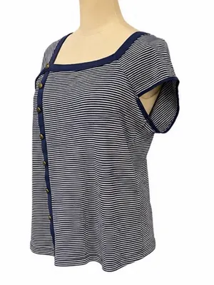 Maeve Anthropologie Navy & White Striped Asymmetrical Button Top XL thumbnail 2