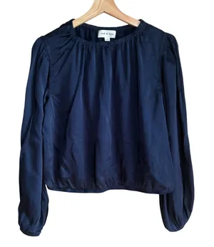 Anthropologie Cloth & Stone blue satin long sleeved blouse‎ women's size medium thumbnail 1