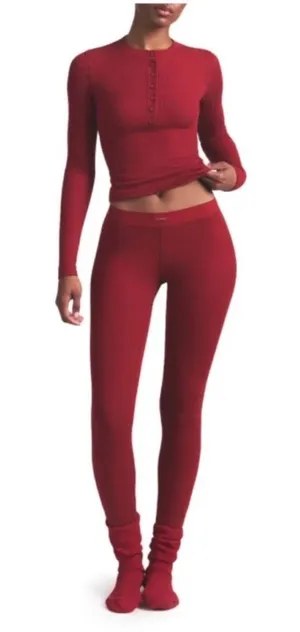 Skims Cotton Ridded Long sleeve Henley Color Brick Red thumbnail 1