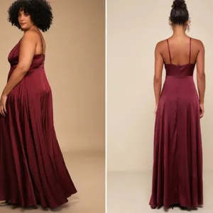 LULU's Prom Wedding Bridesmaid Burgundy Satin Thigh Slit Gown thumbnail 3