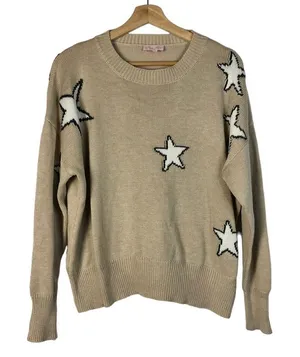Pink Lily Beige Star‎ Print Crewneck Pullover Sweater M thumbnail 1