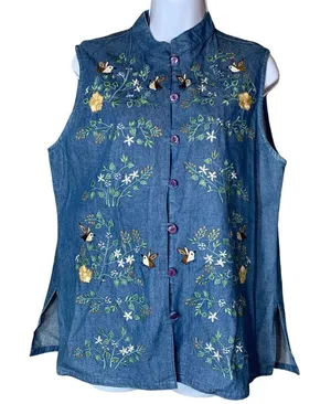 ‎Orvis Womens denim embroidered flower bird vest thumbnail 1