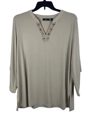 Susan Graver Artisan 2X Beige Embellished V-Neck Tunic Top Stretch 3/4 Sleeve thumbnail 1