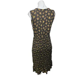 American Eagle Black Multicolor Floral Smocked Sleeveless V-neck Bodycon Dress L thumbnail 2