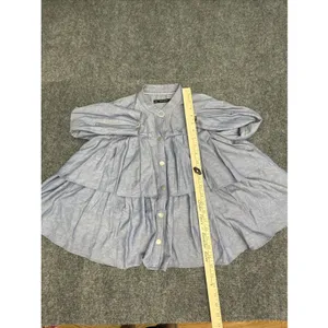 Zara Basic Chambray Ruffle Button Front Blouse Women’s XS Blue Long Sleeve EUC thumbnail 10