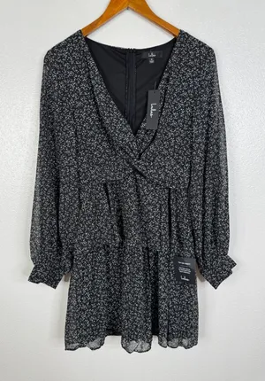 Lulus Black Floral Long Sleeve Mini Dress V-Neck Ruffle DAE24978DL Size M NEW thumbnail 1