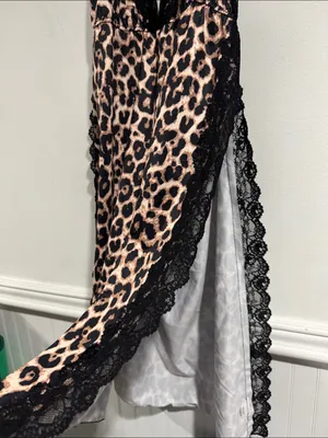 Leopard Print Lace Trim Halter Chemise Nightdress Black & Tan high side slits thumbnail 2