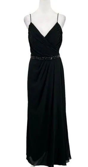 Lillian’s V Neck Faux Wrap Beaded Banding Waist Black Formal Dress Gown Size 6 thumbnail 1