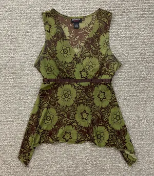 Hot Tempered Y2K Olive Green Brown Floral Paisley Mesh V Neck Asymmetrical Tank thumbnail 1