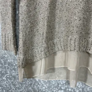 The Limited Beige Sequin Chiffon Hem Open Knit Sweater - Size Small - V-Neck thumbnail 3