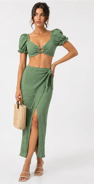 SheIn Sage Green Textured Two Piece Beach Set Wrap Skirt Puff Sleeve Top thumbnail 1