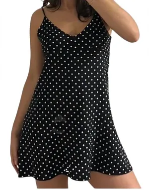 Vintage Y2K Sexy Satin Dotted Black & White Gown Baby Doll Slit Dress L thumbnail 1