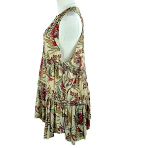 Free People Top Tan Pink Floral Haze Tiered Tunic Hummingbird Boho thumbnail 4