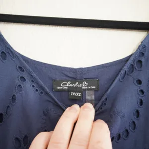 Charlie B XS Navy Blue Cotton Eyelet Tiered‎ Midi Dress Sleeveless 100% Cotton thumbnail 6