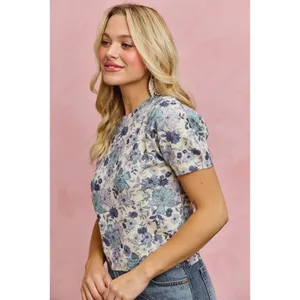 SO ME Floral Print Short Sleeves Sweater Knit Top - Blue - XL thumbnail 7