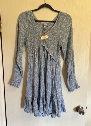 Blue paisley long sleeve mini dress thumbnail 1