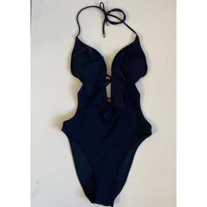 Abercrombie & Fitch Navy Blue Ruffle Plunge‎ Halter One Piece Swimsuit Small NEW thumbnail 3