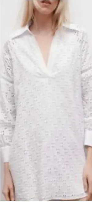 Zara Eyelet Mini Dress Womens Large White Boho Coastal Cotton‎ Tunic Embroidered thumbnail 1