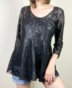 Free People Black Shimmer Sheer Floral Lace Henley Neck Flare Blouse Top Size L thumbnail 1