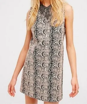 Free People Women's Size 0 Alice Snakeskin Print A-Line Dress Beige Black Snap‎ thumbnail 1