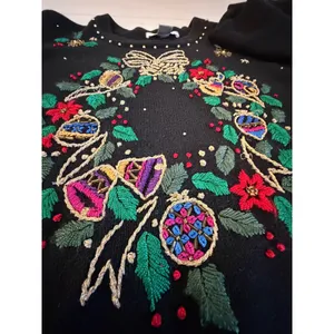 Arriviste Womens Black Embroidered Wreath Beaded Ugly Christmas‎ Sweater Small thumbnail 10