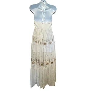 NWT Embroidered Smocked Tiered Boho Halter Maxi Dress L Real Love Fairycore Gold thumbnail 4