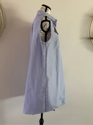 Sleeveless Blue Stripe Shirt Dress with Red Rose Embroidery thumbnail 3