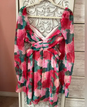 Louna multicolor floral, long puff sleeve, cutout waist mini dress romantic med. thumbnail 10