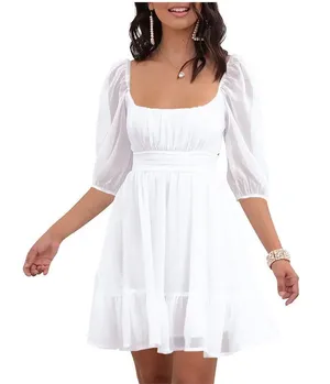 NEW Tie Back Half Lantern Sleeve Dress Ruffle Square Neck 2X White Size XXL thumbnail 1