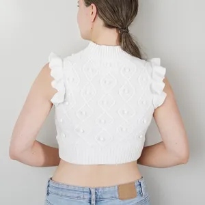 Vestique Cropped Sweater Vest Top Ruffle Cap Sleeves Pompom Jacquard Mock Neck M thumbnail 3