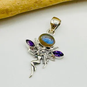 Fairy Labradorite & Amethyst 925 Sterling Silver Pendant thumbnail 3
