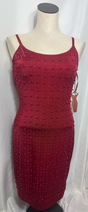 Elegant Red Beaded Dress bodycon party Valentines dark ruby spaghetti strap S thumbnail 1