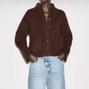 Zara NWT brown button front knit sweater cardigan bomber jacket thumbnail 2
