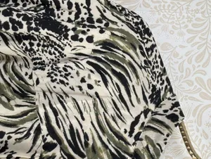 Anthropologie Cream and Green Zebra-Print Spit Neckline Blouse - Size - Large thumbnail 2