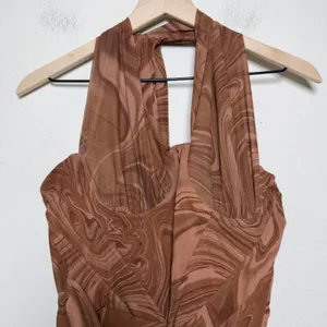 House of CB Women Clementine Mini Dress M Brown Swirl Cutout One-Shoulder Ruched thumbnail 5